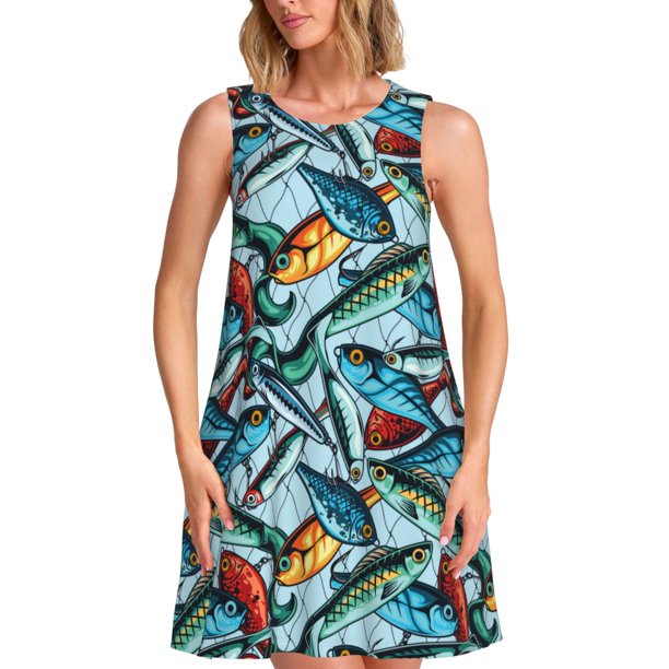 Balery Colorful Fishing Baits Vestidos de verano para mujer con estampado: vestido holgado sin mangas, vestido playero informal y cómodo para días calurosos.
