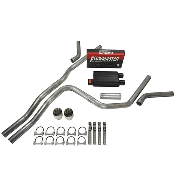 Truck Exhaust Kits- Cat-back 2.5" Dual Exhaust Kit with Flowmaster Super 40 and Corner Exit Rolled Clamp on Tip