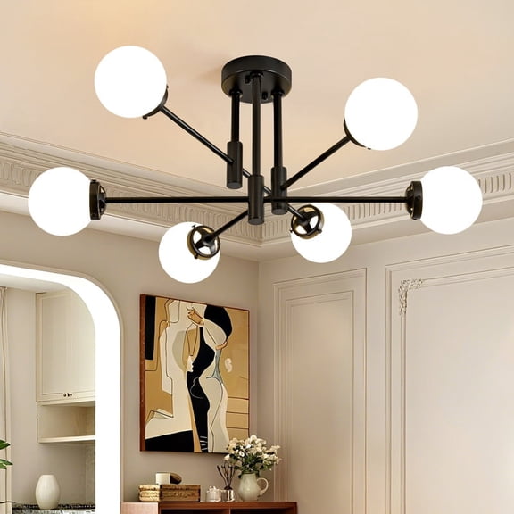 Deyidn Modern 6-Light Sputnik Chandelier with Milky White Glass Shades, 31 Inch Black Pendant Lighting for Dining Room