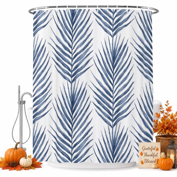 Indigo Blue Palm Leaves Shower Curtain, Waterproof Shower Curtains for Bathroom, Summer Tropical Tree Coastal Plants Washable Fabric Bathtub Curtain Set Bath Decor with 12 Hooks Extra Long 72"x96"