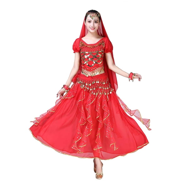 ORIDOOR Women Belly Dance Dress Indian Bollywood Halloween Costume Chiffon Skirts Shiny Belly Dance Suits 5-Piece Outfit, 004 Red, One Size