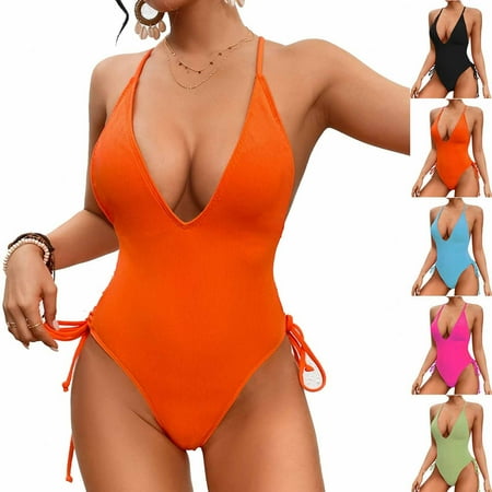 Jinhomg Fashion Swimsuits for Women 2025 Backless Criss Cross Tie Split Swimwear Casual Summer One Piece High Cut Thong Bathing Suit 90% off Clearance Sale Orange M