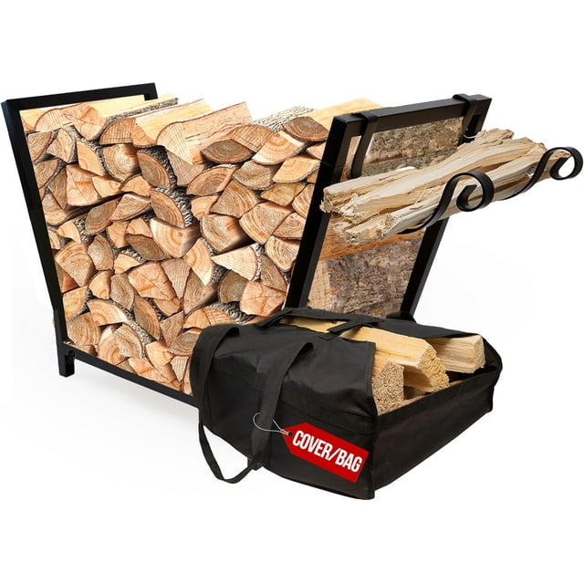 Firewood Rack Outdoor and Indoor Firewood Storage with Kindling Wood Hooks.in Double Coated Fire Wood Rack Rustproof Stable Log Holder and Fireplace Decor Organizer