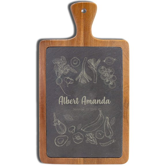 Planche à Découper Personnalisée en Ardoise Naturelle, 10 Designs Différents, Planche à Texte Personnalisée, Cadeaux de Mariage pour le Couple, Cadeau de Pendaison de Crémaillère et Panneau de Cuisine, Fête des Mères (Bois d'Acacia - 01, Design 03)