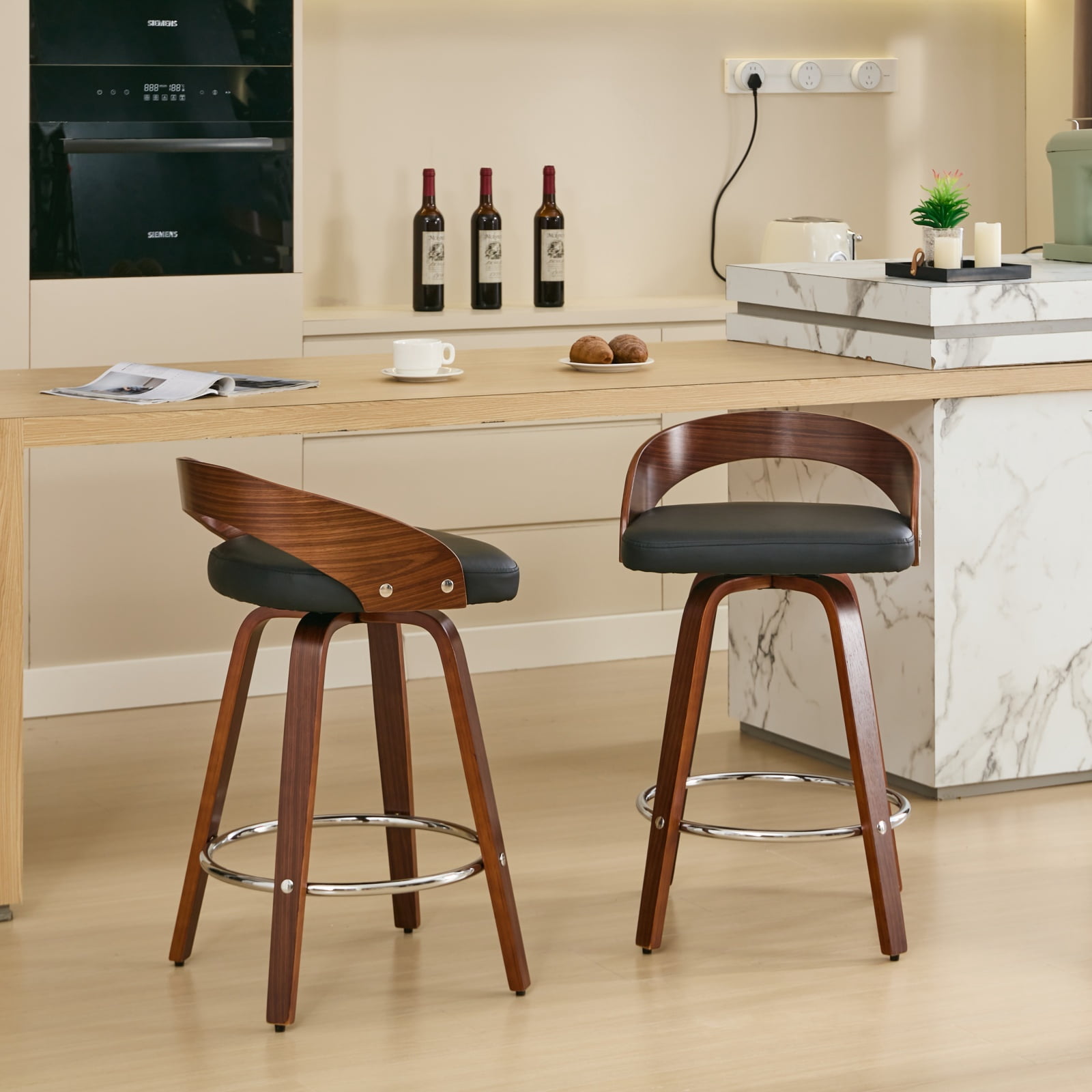 MAYEERTY Swivel Bar Stools - Low Back, Wood Frame, Soft Cushion, 25 Inch Seat Height, Black, Set of 2