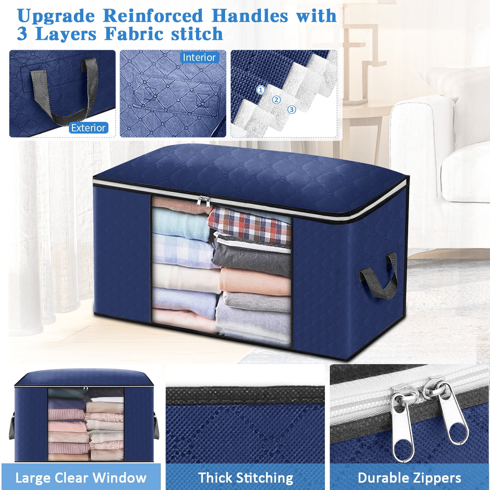 Unique Bargains Foldable Clothes Storage Bins for Clothes with Reinforced Handle Sturdy Zipper Dark Blue 3 Pcs