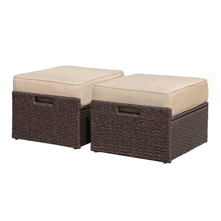 JOIVI 2 Pieces Outdoor Patio Ottoman, All Weather Wicker Rattan Ottoman Set, Extra Large Outdoor Footstool Footrest with Thick Beige Cushions, Espresso Brown