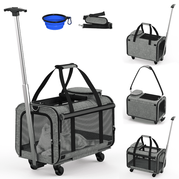 Yacona Pet Carrier with Wheels for Cats and Dogs, Airline Approved Dog Carrier with Bowl, Pet Rolling Travel Bag with Handle, Gray