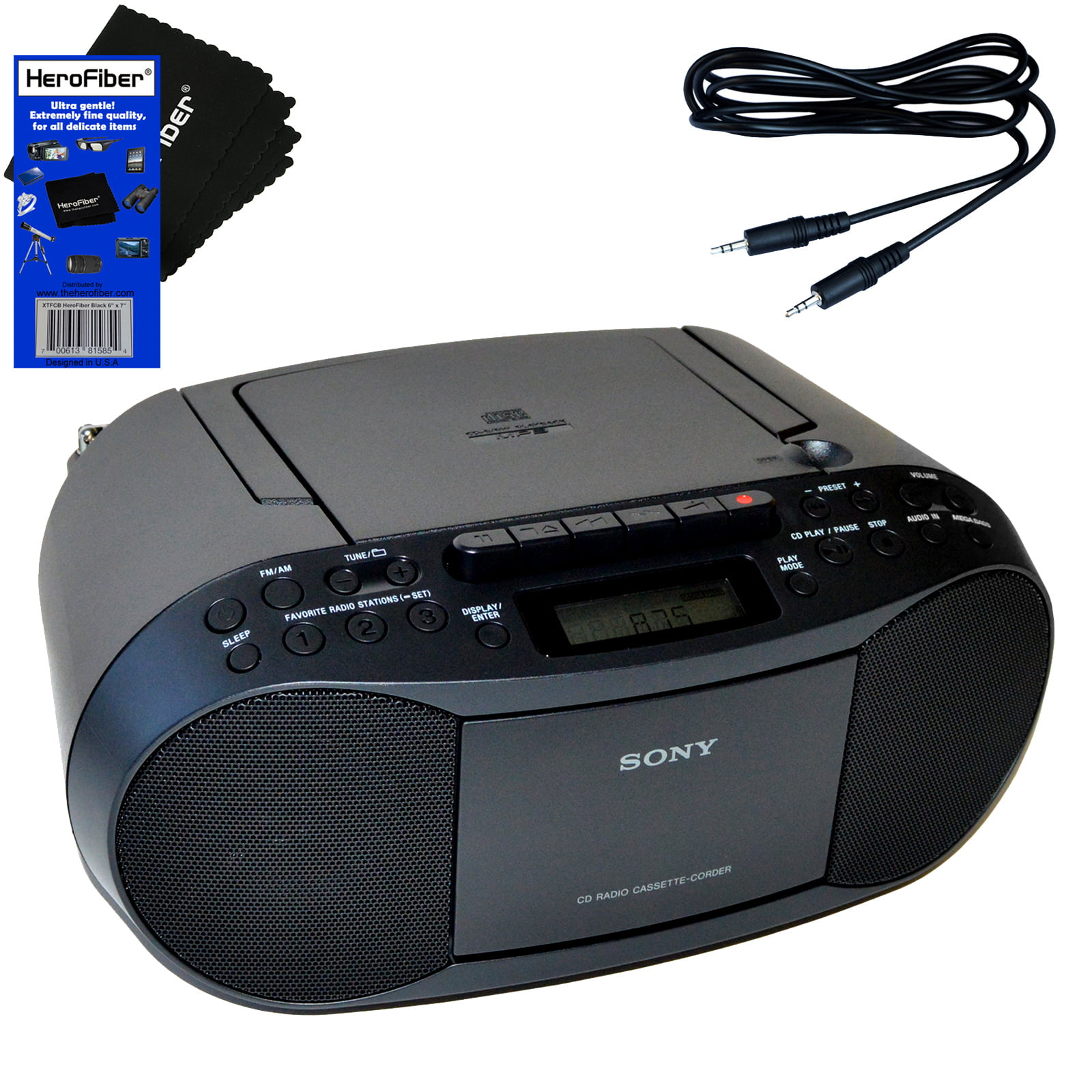 Sony Portable CD Player Boombox with AM/FM Radio &amp; Cassette Tape Player + Auxiliary Cable for Smartphones, MP3 Players &amp; HeroFiber Ultra Gentle Cleaning Cloth