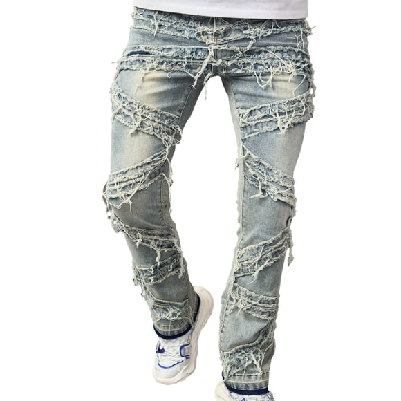 Ripped Jeans for Men,Jeans for Men,Mens Light Blue Quilting Ripped Jeans Zipper Wash Elastic Trend Outdoors Denim Trousers,Ripped Jeans Men,Blue Jeans Men