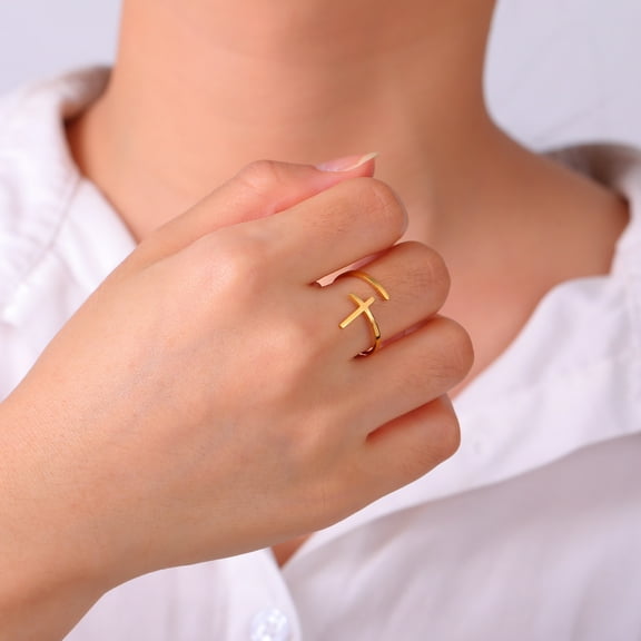 Christian Cross Ring for Women 14K Yellow Gold Adjustable Geometric Crucifix Rings Minimalist Christ Jesus Jewelry Gift