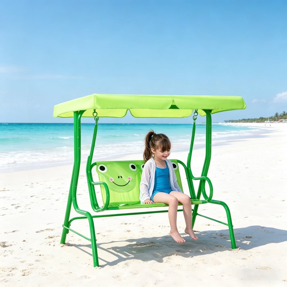 Green Double Seat Kids Swing Chair, 43.25" Steel Frame Swing with Adjustable Canopy, Safety Belts & Lion Design for 3-6 Years Old, 132 lbs Capacity