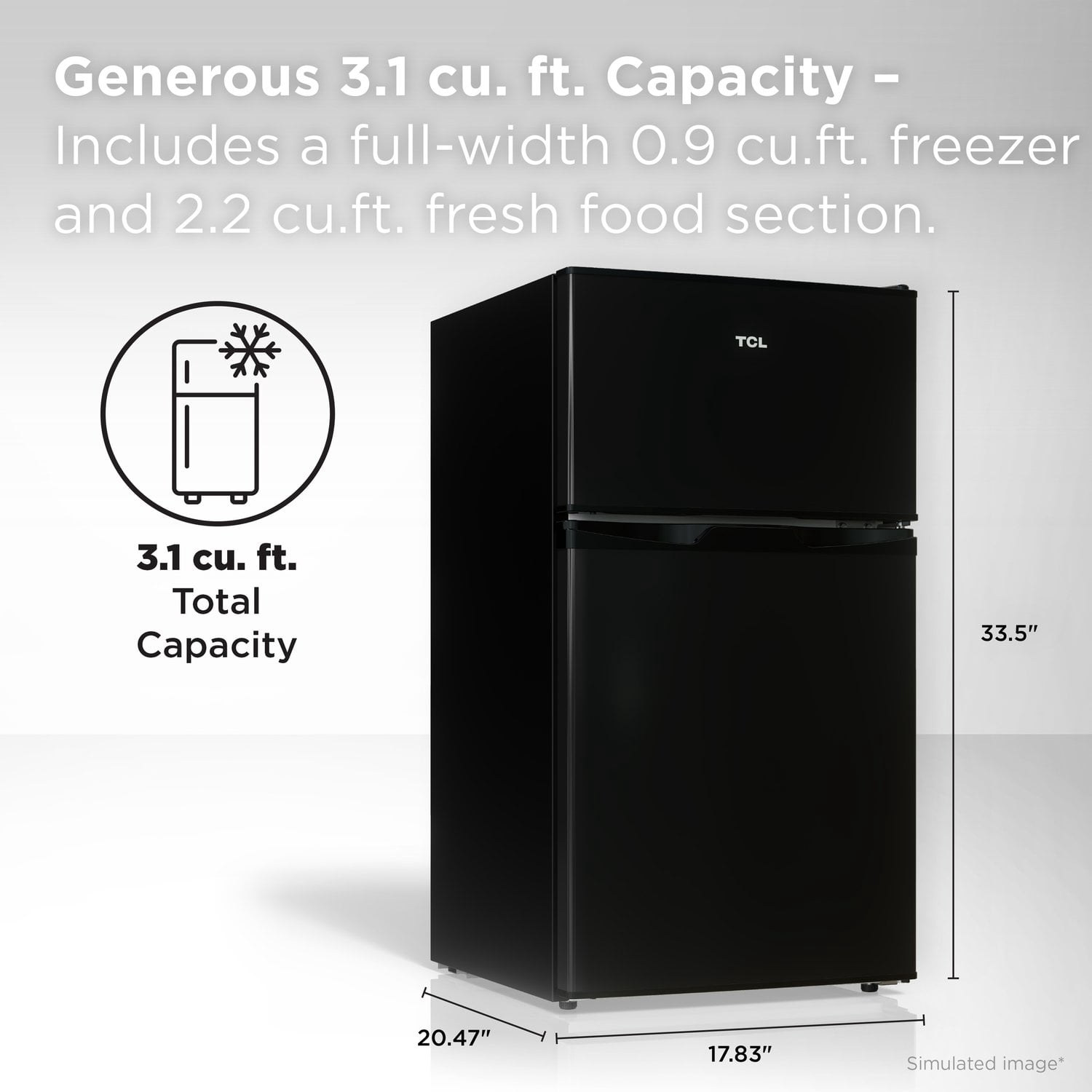 TCL Black Compact Two-Door Refrigerator with Freezer for Dorm, Office & Garage, 3.1 Cu.