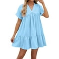 thumbnail image 3 of Summer Dresses for Women 2025 Vacation Short Sleeve V Neck Mini T Shirt Dress Pleated Ruffle Flowy Beach S, 3 of 9