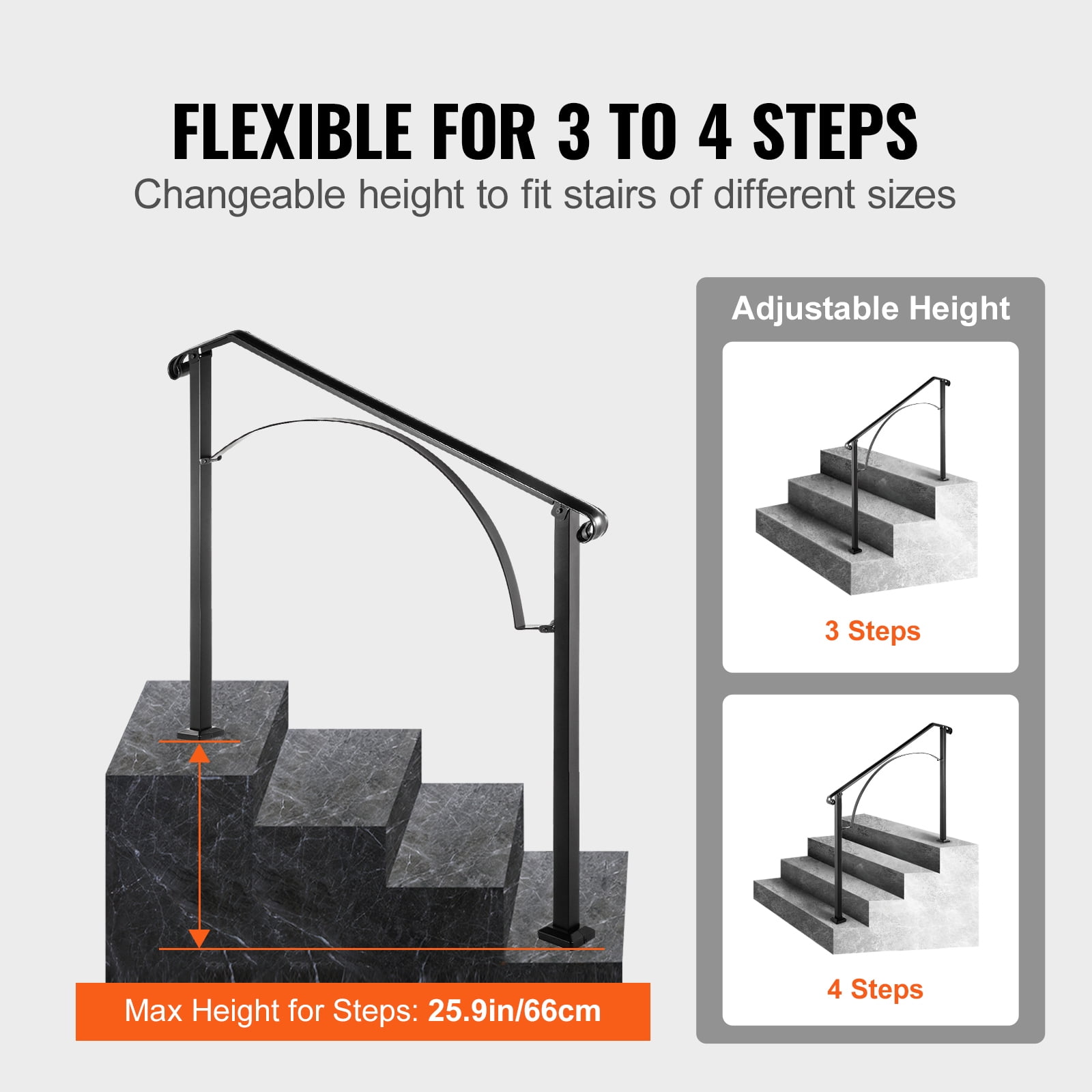 KFFKFF Handrails for Outdoor Steps, Suitable for 3 or 4 Stairs, Arch#3 Wrought Iron Railing, Versatile Porch Handrail, Black Durable Handrails for Concrete or Wooden Stairs