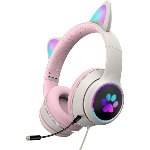 Wired Stereo Headphones with Cat Ears, with Cat LED Light, with Microphone for, Pink Gray