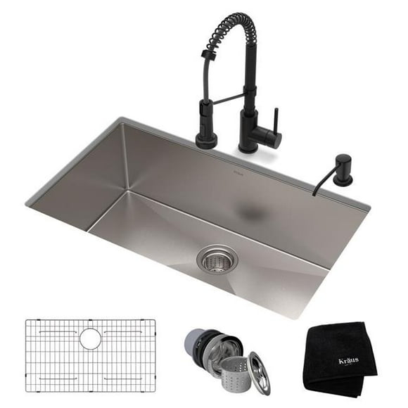 Kraus USA KHU100-32-1610-53MB 32 x 19 x 10 in. Standard PRO Farmhouse Kitchen Sink & Bolden, Matte Black - Stainless Steel