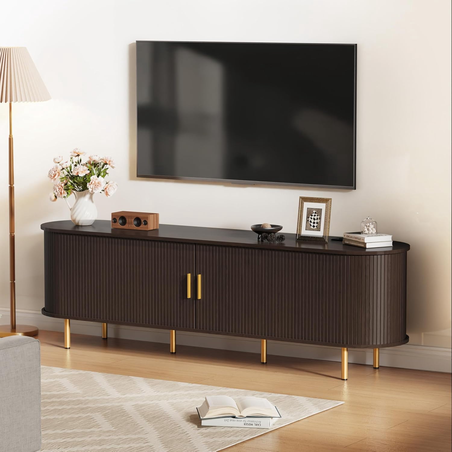 70.8 Inch Mid-Century Modern TV Stand with Power Outlet and Sliding Doors, Entertainment Center with Adjustable Storage Shelves, for TVs up to 80 Inches, Dark Walnut