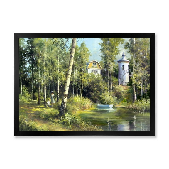 Designart 'The Wood River With Boat On A Decline By The Castle' Lake House Framed Art Print