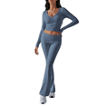 thumbnail image 2 of LYMAYTER Women 2 Piece Sets Summer Long Sleeve Tracksuit Suit for XS-XL Casual Flare Pants Outfits, 2 of 9