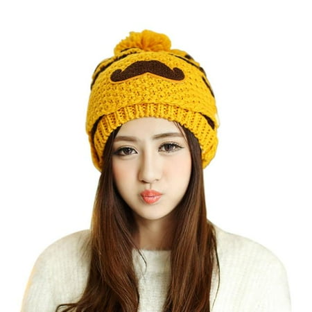 PaZinger Women's Pompom Cap Women Winter Knitted Crochet Beanie Hat Beard Face Mask Set Snow Ski