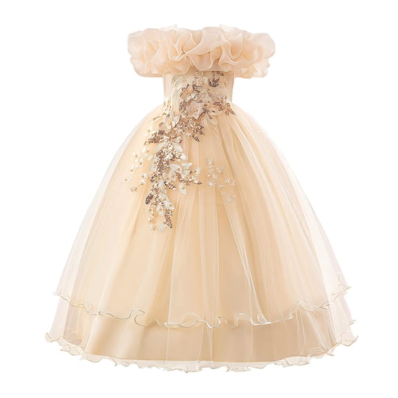 Fesfesfes Girls One Shoulder Tulle Princess Dress with Sequin Floral Detail, Puffy Layered Ball Gown for Stage Performance, Pageant, Birthday Party, and Wedding Flower Girl, Kids Ages 7-13 Years