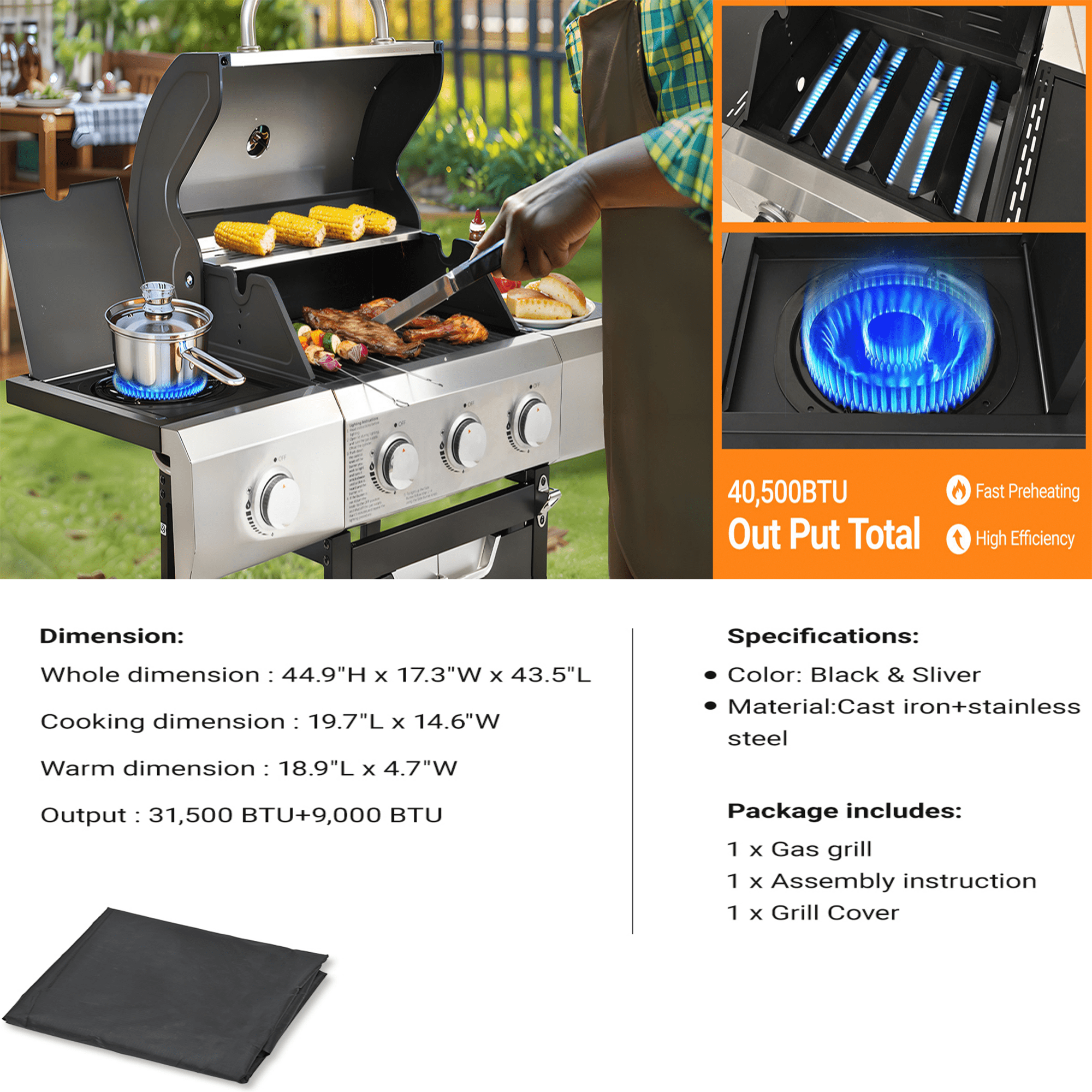 3 Burner BBQ Propane Gas Grill with Side Burner, 40,500 BTU Stainless Steel Patio Backyard Barbecue Grill w/Cover, Foldable Side Table, Thermometer for Outdoor Camping, Silver