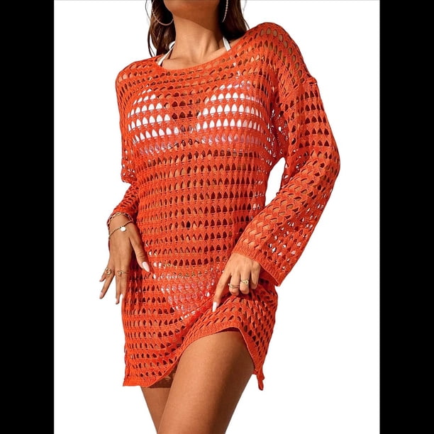 Vestido de Crochet de Gran Tamaño para Mujer, con Cuello y Aberturas, para Verano 2025. Naranja Rojo Talla Única