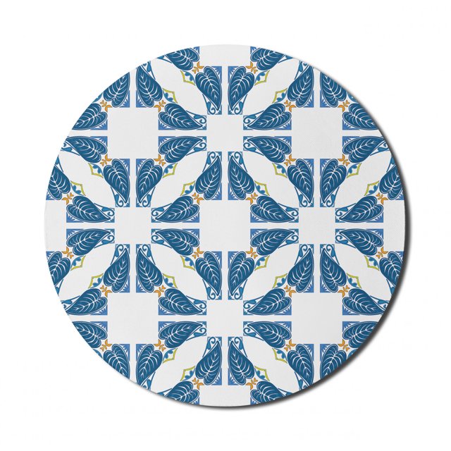 Blue and White Mouse Pad for Computers, Portuguese Pavement Design Azulejo Mosaic with Diagonal Square and Shapes, Round Non-Slip Thick Rubber Modern Mousepad, 8" Round, Blue White, by Ambesonne