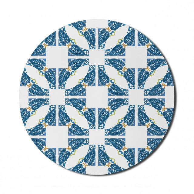 Blue and White Mouse Pad for Computers, Portuguese Pavement Design Azulejo Mosaic with Diagonal Square and Shapes, Round Non-Slip Thick Rubber Modern Mousepad, 8" Round, Blue White, by Ambesonne