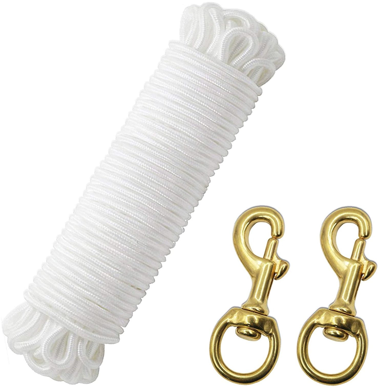 4 free clips 11.5m X 5mm LOW STRETCH POLYESTER BRAIDED FLAGROPE WHITE ONLY inc 