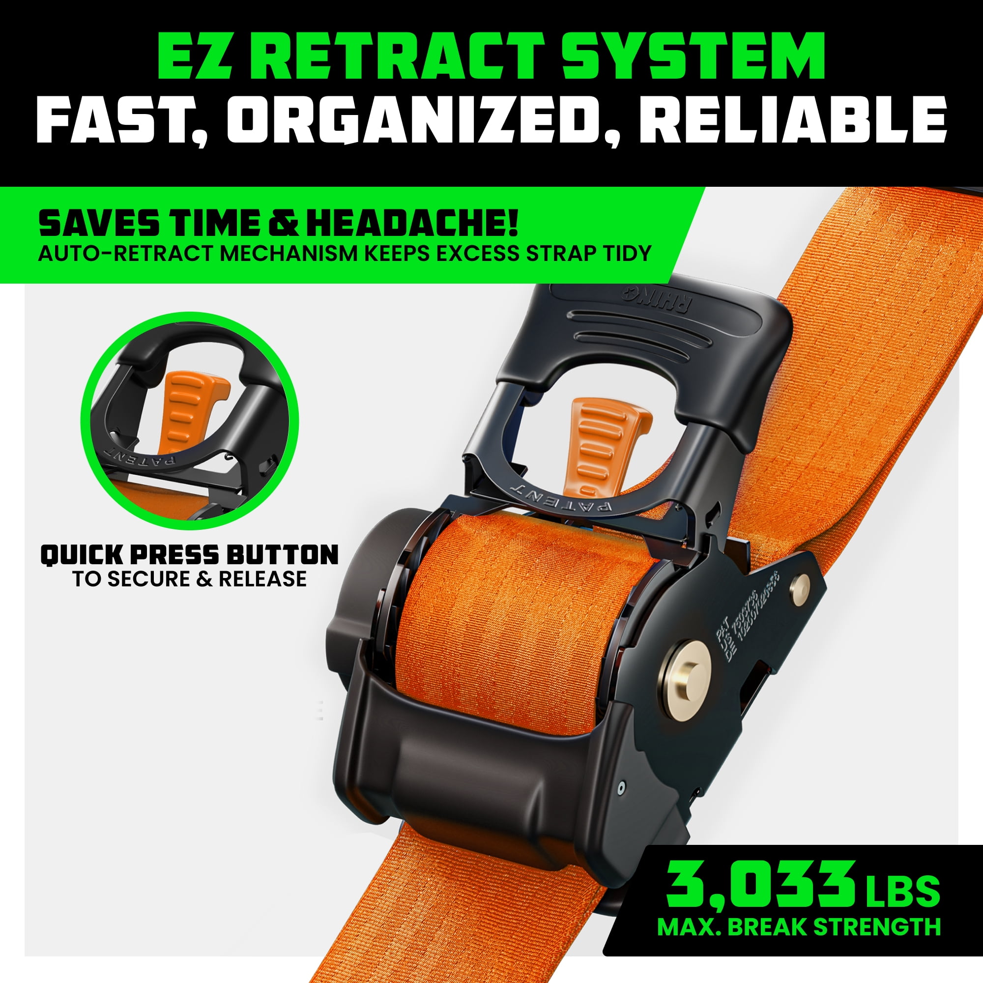 Rhino USA Heavy Duty 2" x 10' Retractable Ratchet Straps 3,033lb Break Strength (Orange 2-Pack)