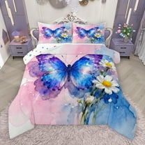 Manfei Teens Watercolor Butterfly Bedding Comforter Set, Vibrant Groovy Flower Twin Comforter Sets, Rustic Farmhouse Reversible Bedding Set, Breathable Home Decor, 2-Piece