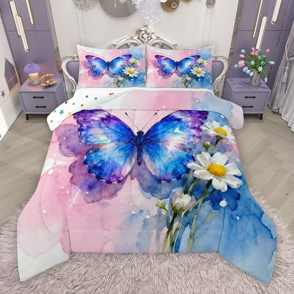 Manfei Teens Watercolor Butterfly Bedding Comforter Set, Vibrant Groovy Flower Twin Comforter Sets, Rustic Farmhouse Reversible Bedding Set, Breathable Home Decor, 2-Piece