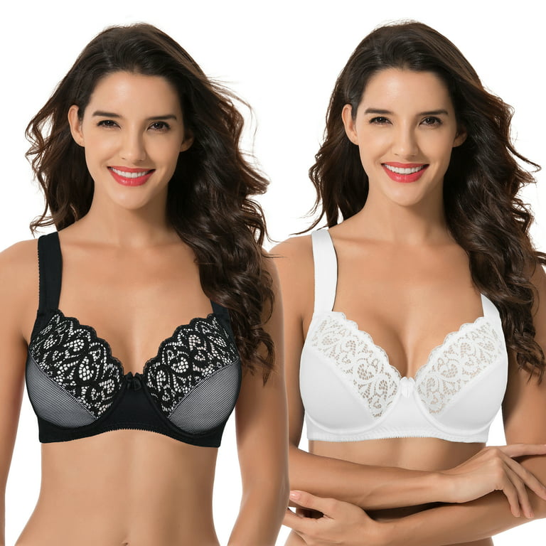Curve Muse Women's Plus Size Unlined Underwire Lace Bra with Cushion  Straps-Black, White-Size:34DD 