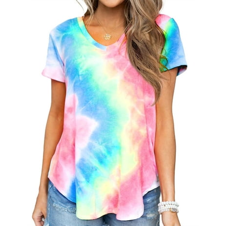 TWZH Women Tie-Dye Print Gradient V Neck Short Sleeve Casual T-Shirt