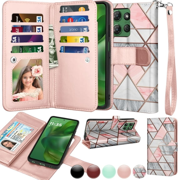 Njjex For Motorola Moto G Power 5G 2025 Wallet Case, Luxury PU Leather [9 Card Slots] Folio Cover with Detachable Magnetic Hard Case   Kickstand & Wrist Strap - Marble