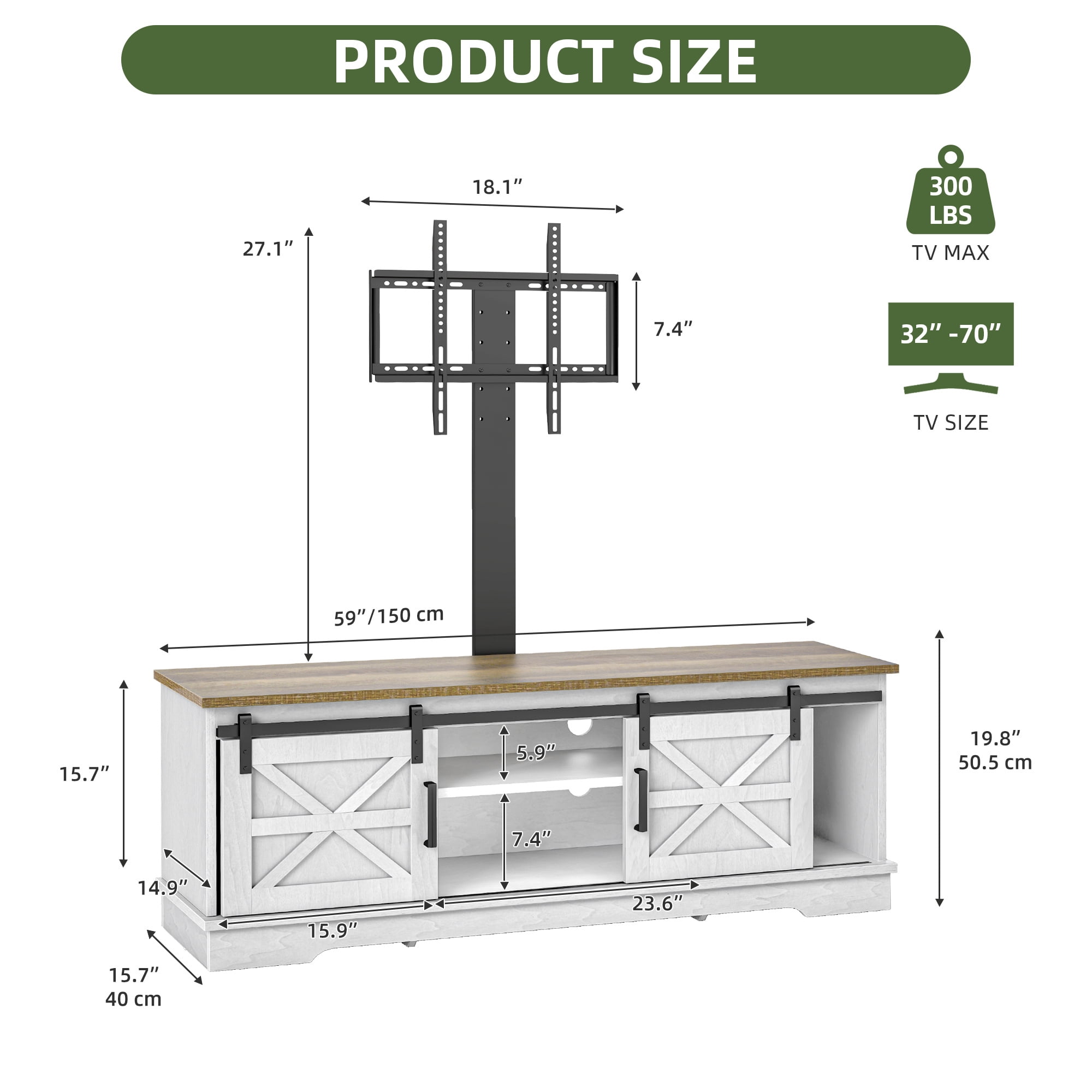 Uforic Farmhouse TV Stand with Mount for 32-70" TVs, Media Console Cabinet with Barn Doors, White