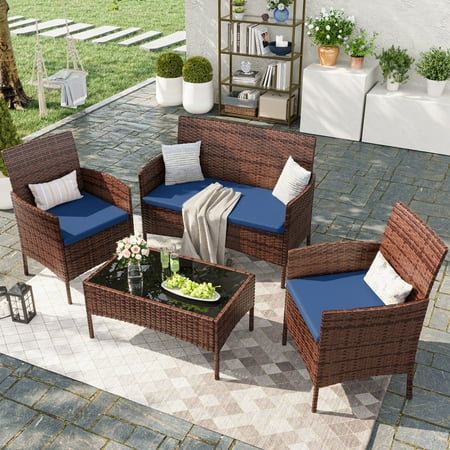 Ecopatio Patio Furniture Set 4 Pieces Porch Furniture Outdoor Modular Wicker Patio Sectional Conversation Furniture Set For Backyard,Porch,Garden,Poolside And Balcony(Blue)
