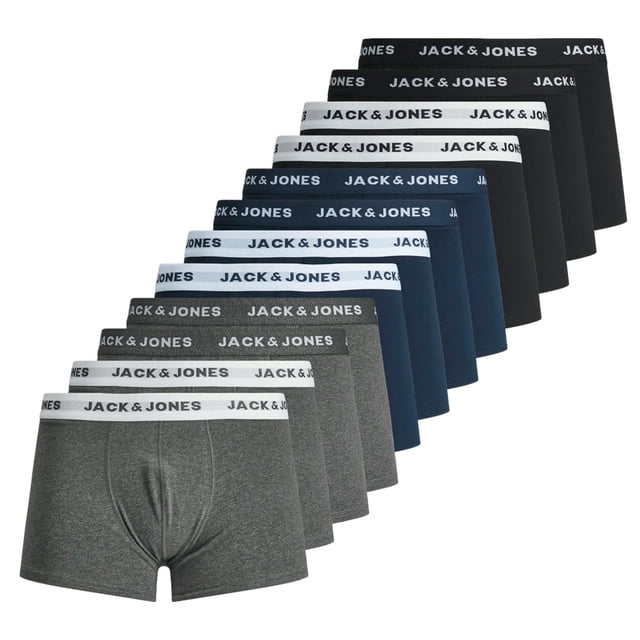 JACK&JONES Calzoncillos bóxer para hombre, lote de 12 - JACSOLID, algodón elástico, logo en cintura Negro/Azul/Gris M (Medium)