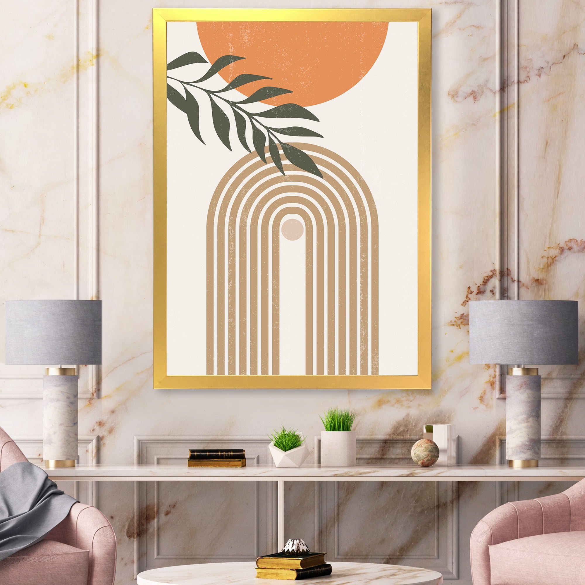 Designart 'Abstract Moon Sun Leaves I' Modern Framed Art Print