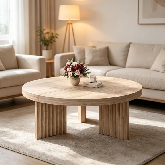 Round Wood Coffee Table with Fluted Base, 33.5" Modern Center Table with Thick Top for Living Room,Brown