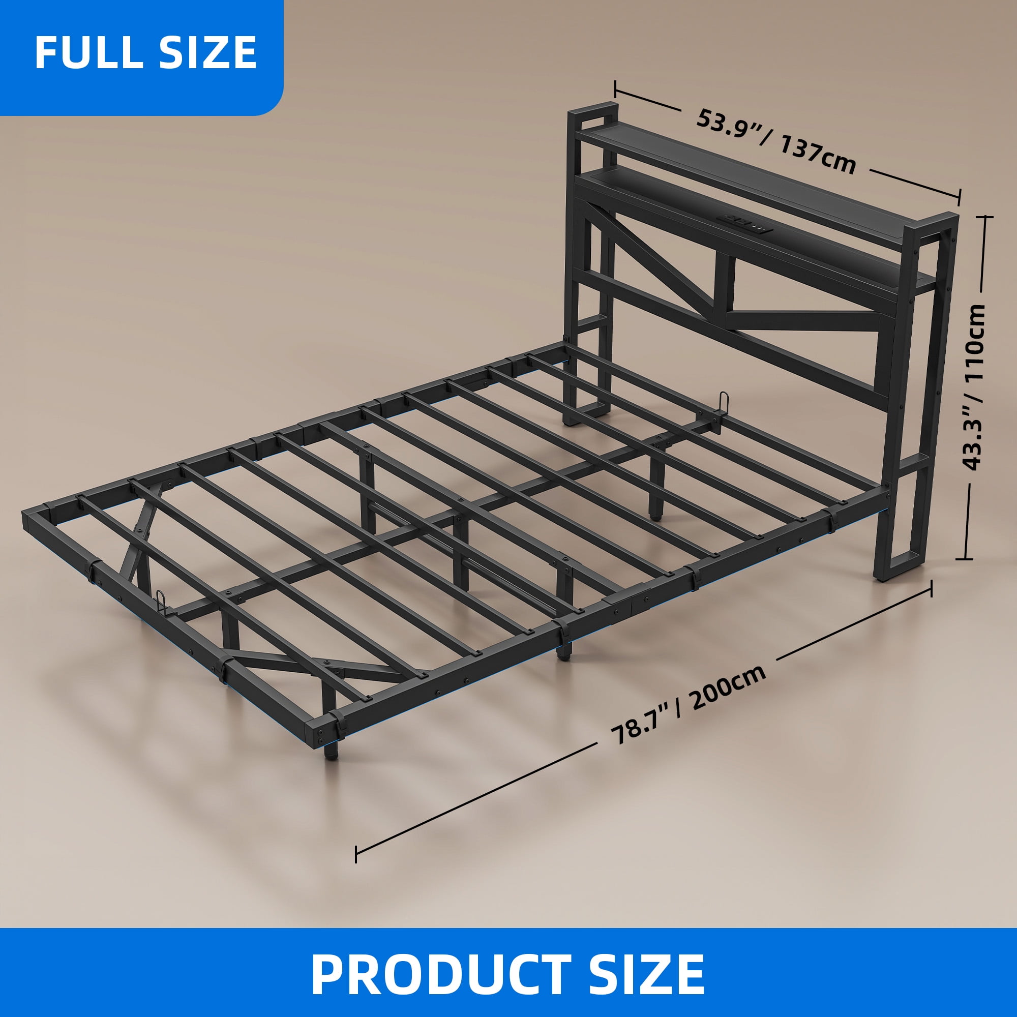 Dextrus Modern Floating Bed Frame, Full Size Bed Platform with 2-tier Storage Headboard, Noiseless Metal Frame, Built-in Power Hub, and LED Lights, Black