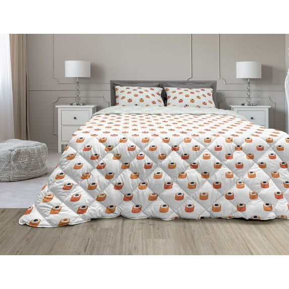 Sushi Comforter & Sham Bedding Set, Repeating Food Pattern Raw Fish and Rice with Caviar Toppings Flat Style, 3 pcs Duvet Set Microfiber Filling Quilt, 5 Sizes, Orange Salmon Dark Blue, by Ambesonne