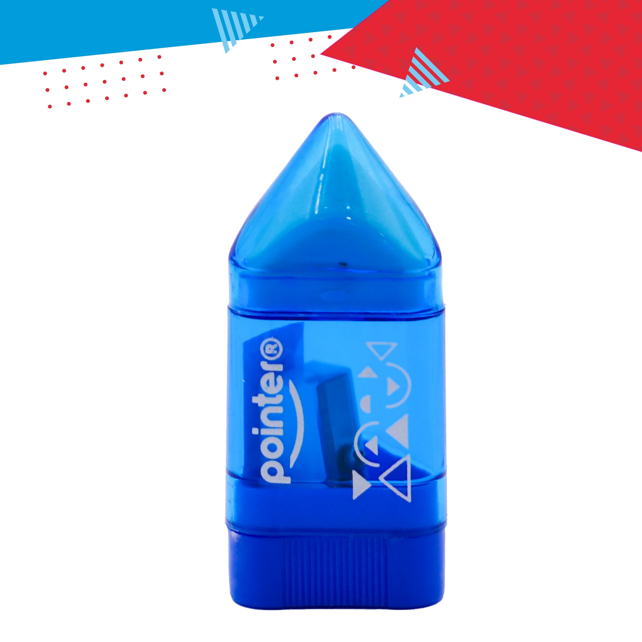 Pointer Handheld Manual Pencil Sharpeners, Rocket‑Shaped, Single‑Hole, 2‑in‑1 Eraser and Container, Assorted Colors, 24 Count, 1 pack
