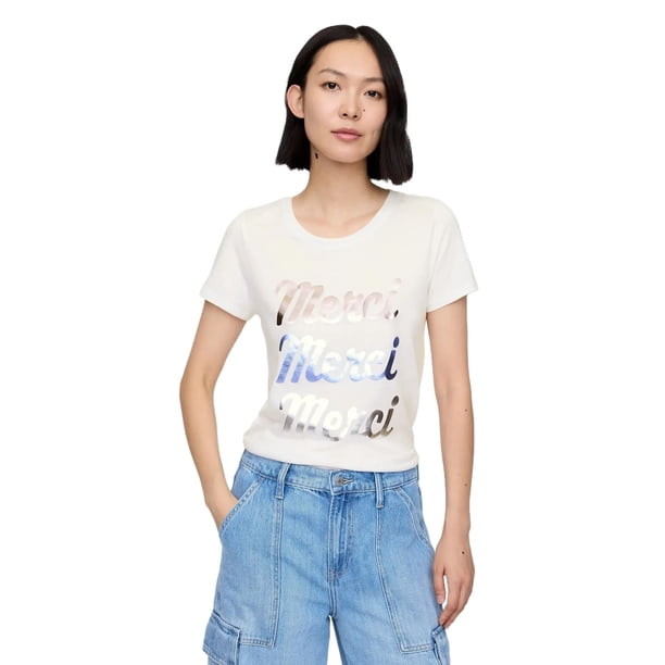 Camiseta Shirt GAP con cuello redondo favorita para mujer, color blanco roto, XS