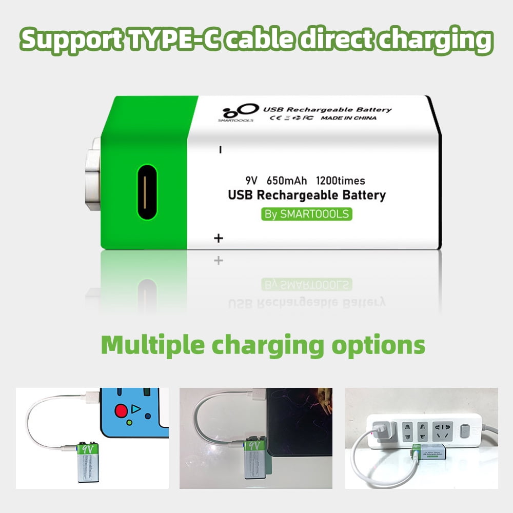 USB 9V Rechargeable Battery 650 mAh Capacity,Square Lithium 9 Vlot Batteries with Type C Port Cable 2 Pack
