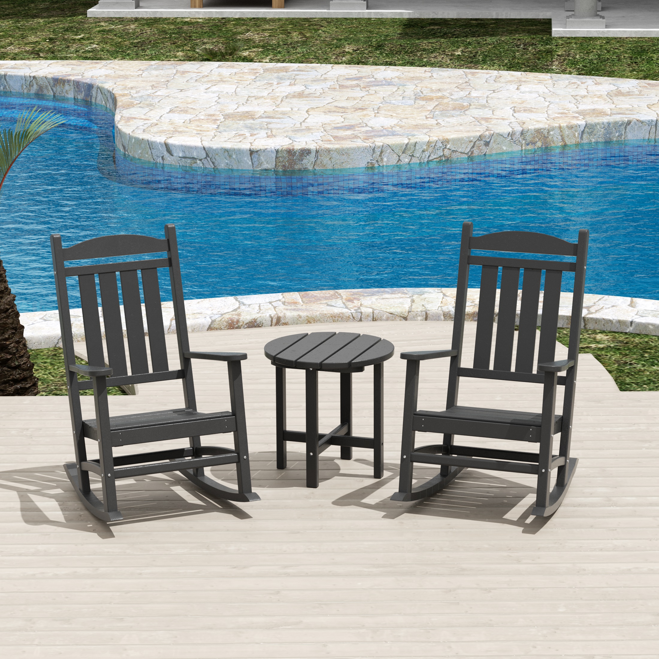 WestinTrends Malibu Classic 3 Piece Outdoor Rocking Chairs Set, All Weather Poly Lumber Adirondack Rocker Bistro Set Patio Deck Porch Chairs Set of 2 with Side Table, Gray - image 2 of 7