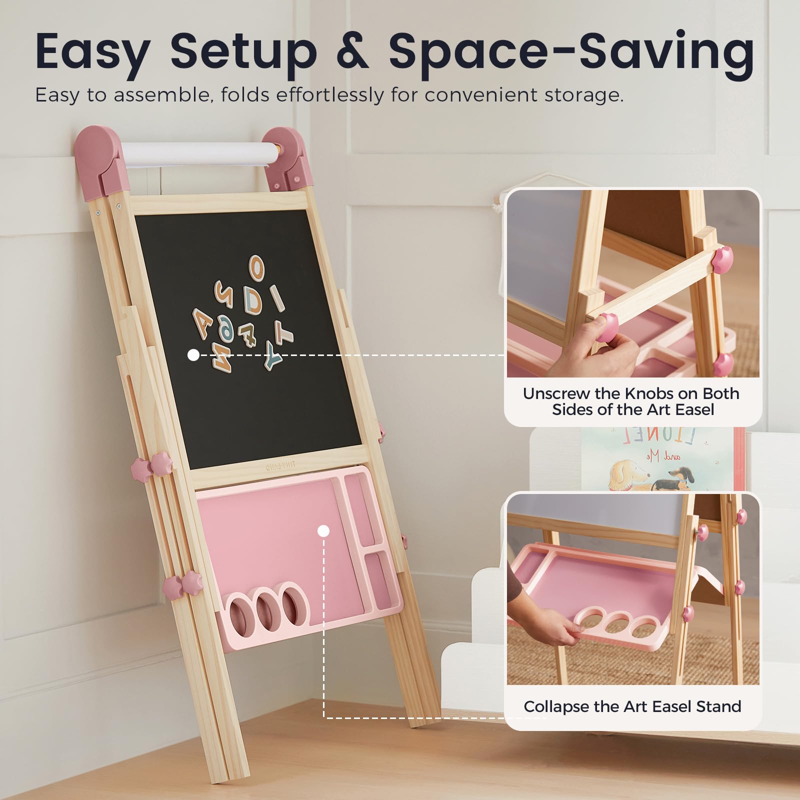 Tiny Land Easel for Kids, Double-Sided Magnetic Easel with Drawing Accessories, Adjustable Wooden Kids Art Easel with Paper Roll, Learning-Toy for 3-8 Years Old Boy & Girls Pink