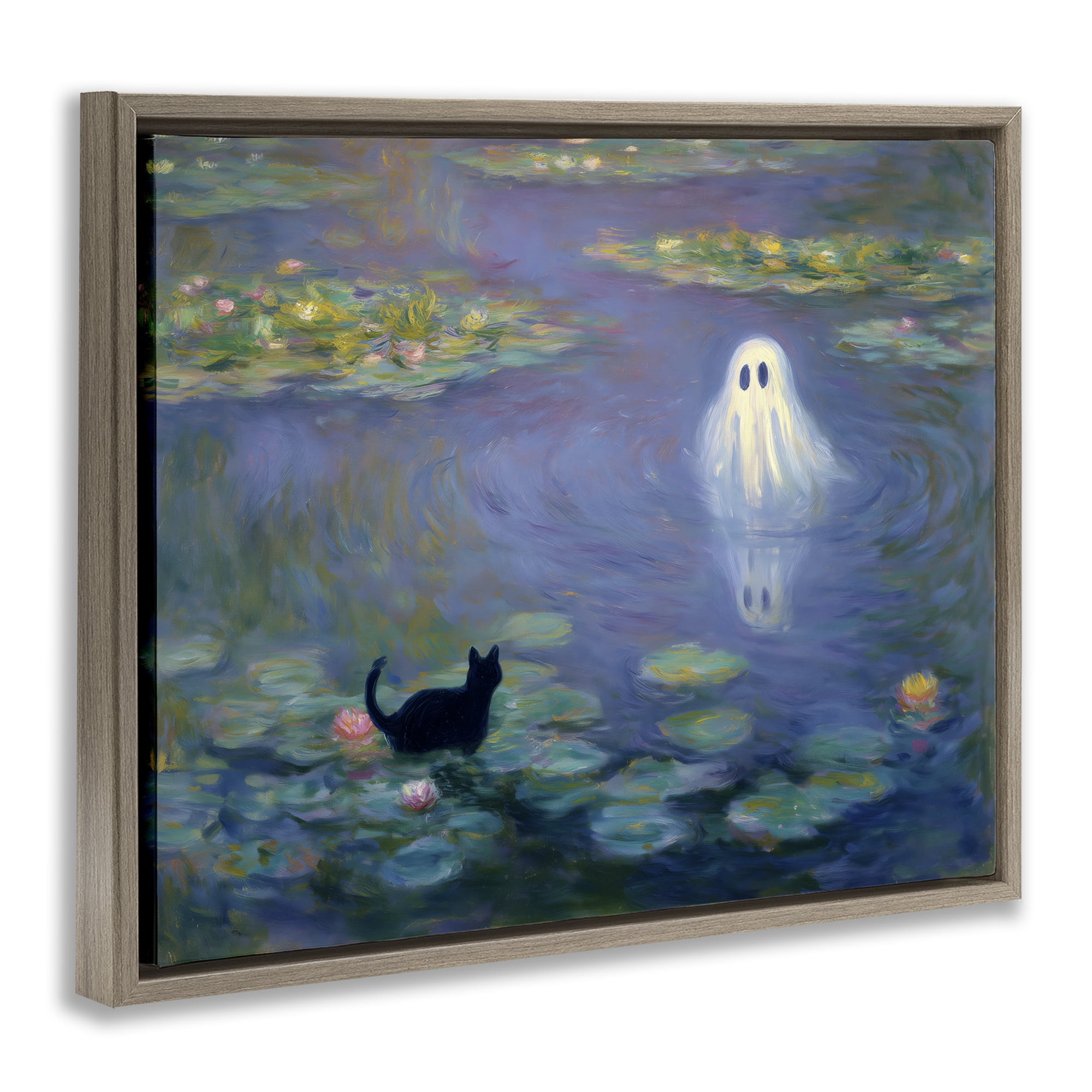 Water Lilies with Ghost & Kitty Brown Framed Floater Canvas Wall Art, design by Arlington Prints